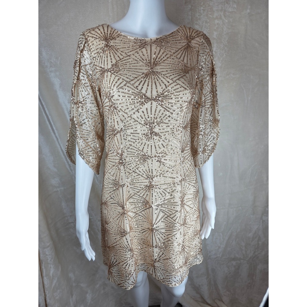 Beige Sequin‎ Geometric Pattern Short Sleeve Party Dress Size S by TOPMELON